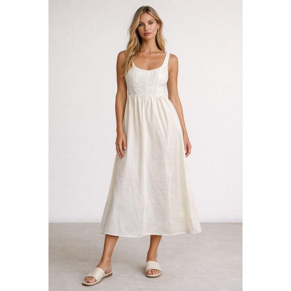 WeWoreWhat White Satin Scoop Neck Empire Waist Midi Dress Womens Size‎ Medium